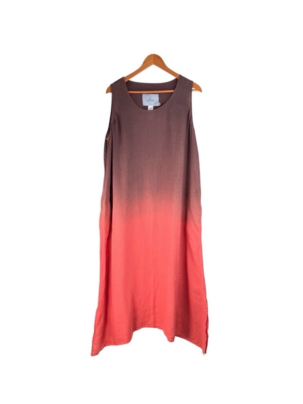 Cheyenne Linen Sleeveless Ombre Shift Dress in Brown to Coral
